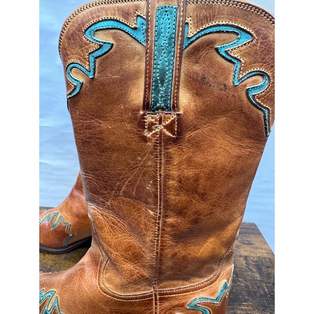 Charlie 1 Horse Tan Leather Turquoise Inlay Embroidered Western Boots Sz 9.5 B - Picture 6 of 16